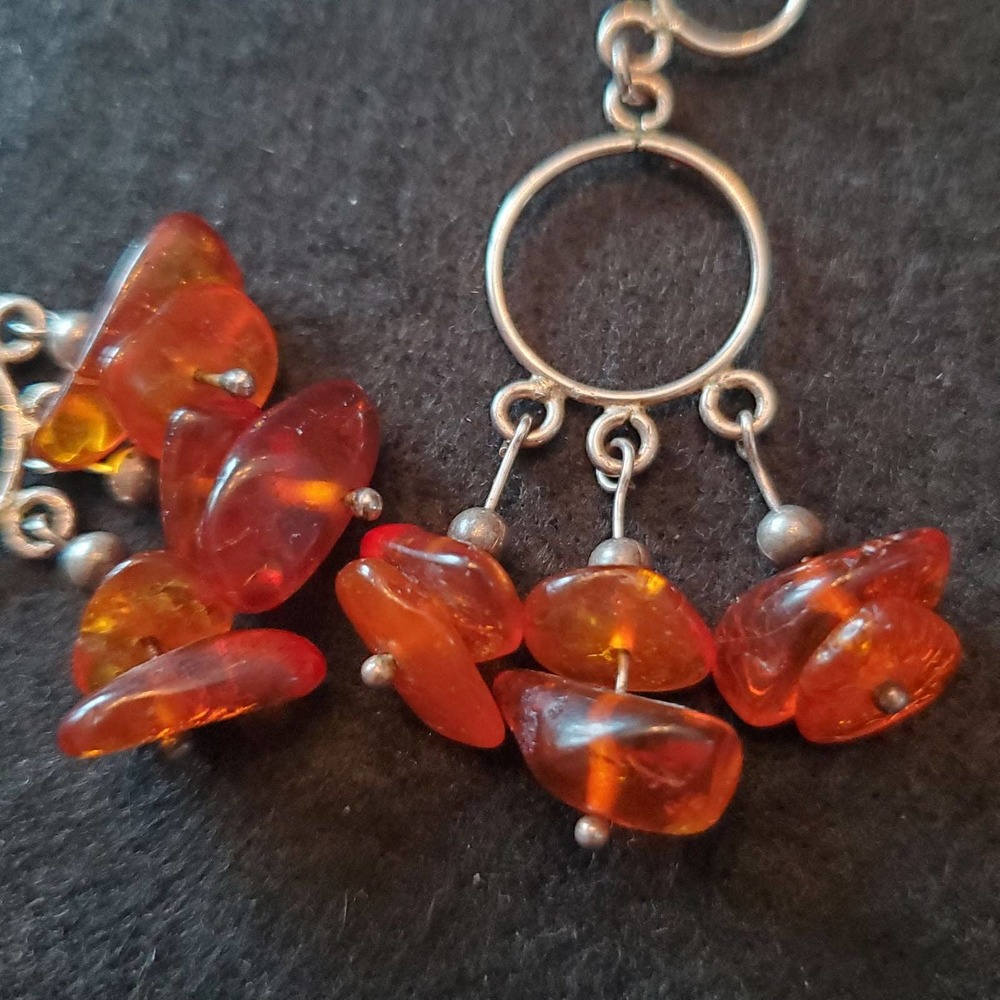 925 Silver & Genuine Amber Dangle Earrings - Picture 3 of 6